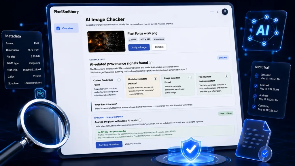PixelSmithery AI Image Checker interface showing AI provenance, metadata and local visual analysis
