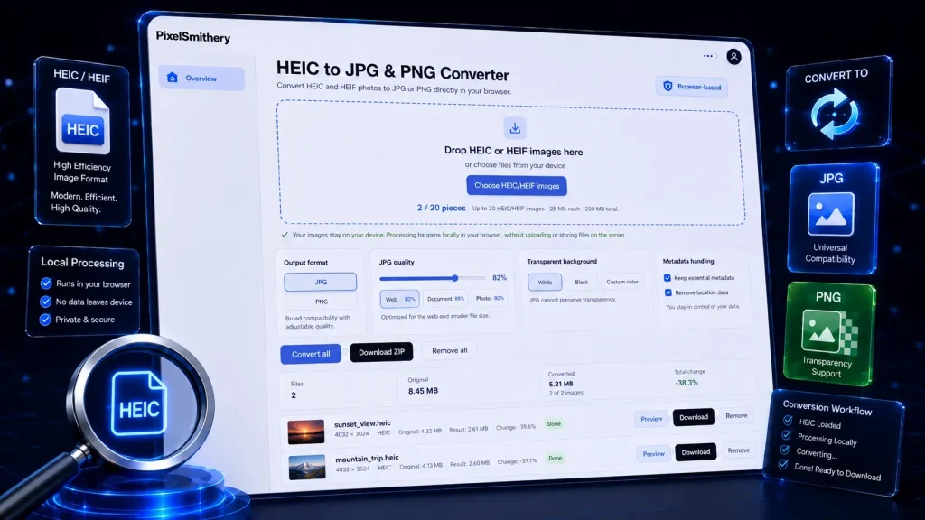 PixelSmithery HEIC to JPG and PNG Converter with private browser-based image processing