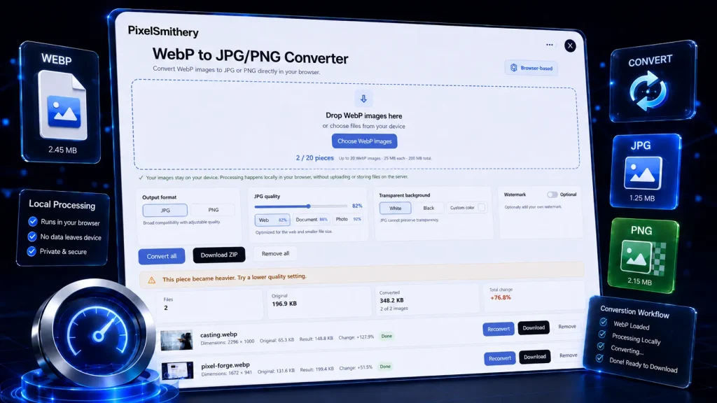 Illustration of the PixelSmithery WebP to JPG/PNG Converter workflow, showing browser-based local conversion from WebP to JPG and PNG.